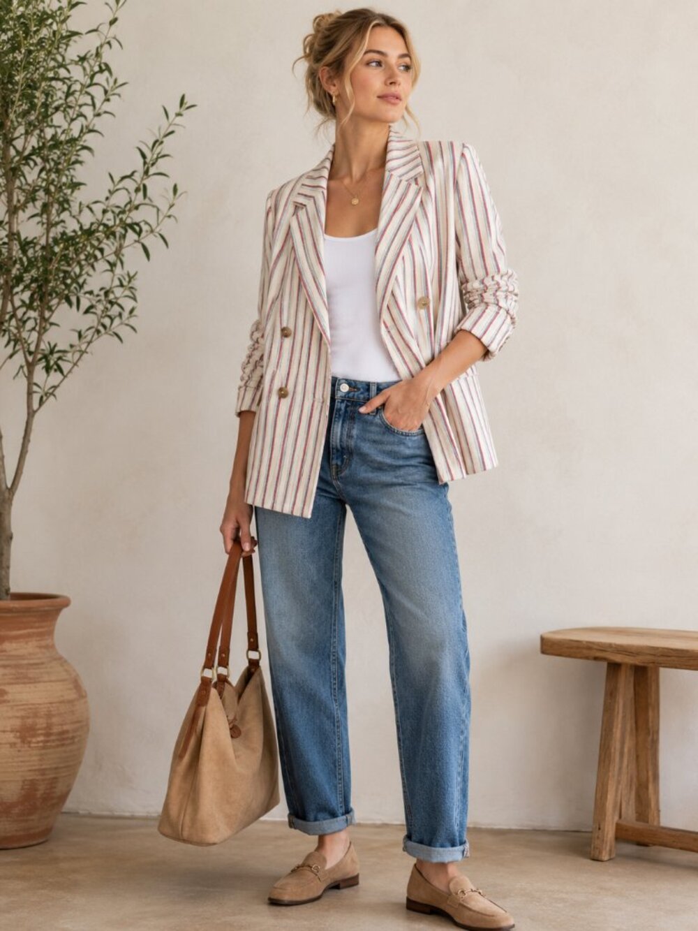 Anthropologie Dolan Anna Linen Striped Double Breasted Blazer Cream Blue Red M
